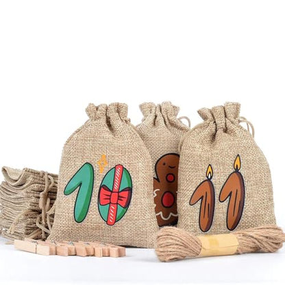 Brown Christmas Advent Calendar Bags, 24 Days Countdown Burlap Gift Bags