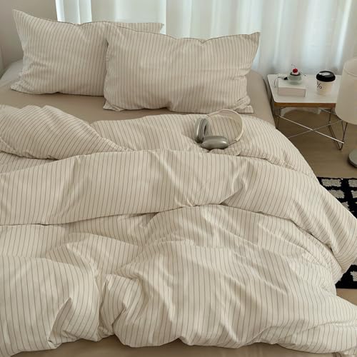 Queen Beige Striped Comforter Set - All Season Microfiber Bedding 3pcs