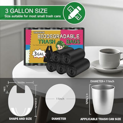 3 Gallon Black Trash Bags with Handles - 100 Count, Heavy Duty, Bathroom Waste Disposal