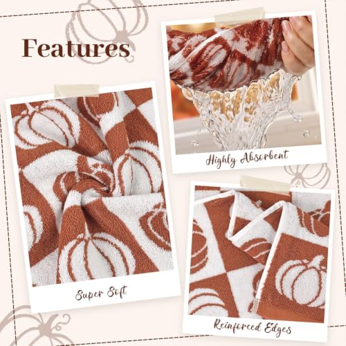 Fall Bath Towels Set of 2 - Checkered & Pumpkin Cotton 27.5 x 55 Inches - Pumpkin Variation