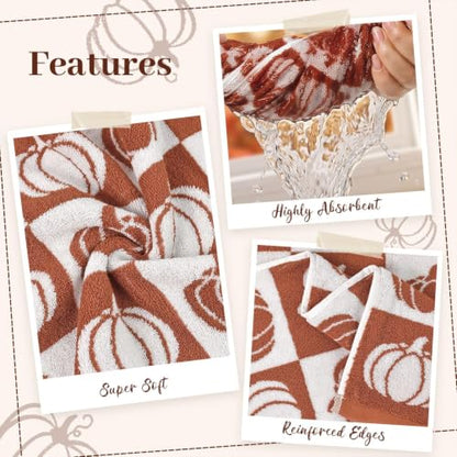 Fall Bath Towels Set of 2 - Checkered & Pumpkin Cotton 27.5 x 55 Inches - Pumpkin Variation