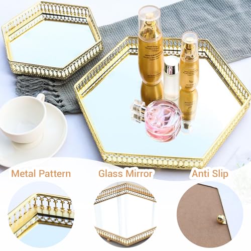 Gold Hexagonal Perfume Tray with Mirror, Acrylic & Metal Vanity Organizer - 10.6" x 6"