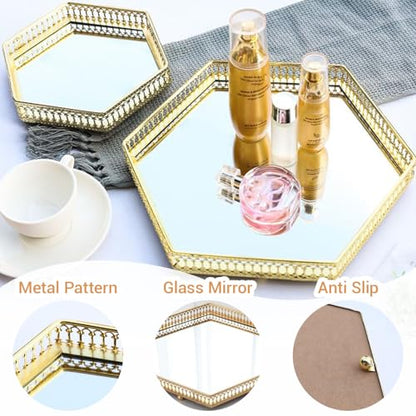 Gold Hexagonal Perfume Tray with Mirror, Acrylic & Metal Vanity Organizer - 10.6" x 6"