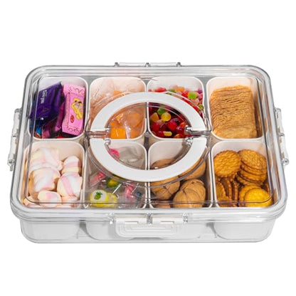 erichbow Divided Snack Serving Tray with Lid and Handle travel Snackle Box Charcuterie Container Portable Storage Organizer for Candy, Fruits, Nuts, Snacks(8 Compartments)