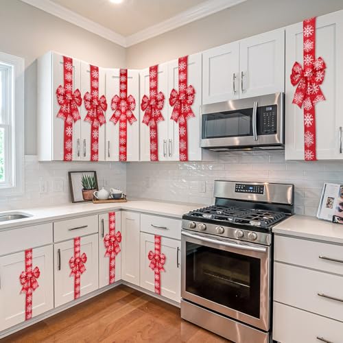 Christmas Velvet Snowflake Bow Decor - Red 6 Pcs Cabinet & Door Decoration