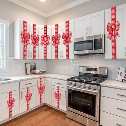 Christmas Velvet Snowflake Bow Decor - Red 6 Pcs Cabinet & Door Decoration