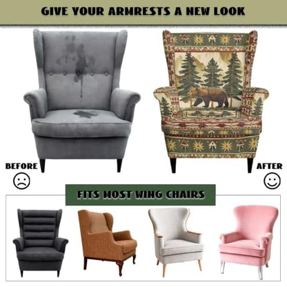 Wild Bear Pine Wingback Chair Cover - Rustic Retro Stretch Armchair Slipcover