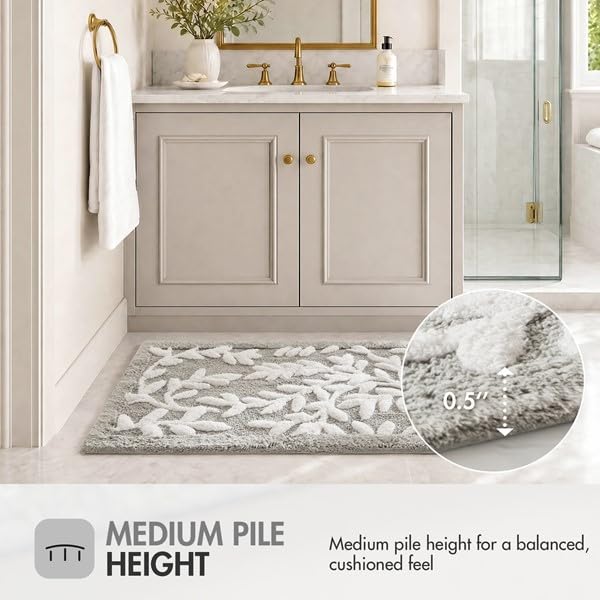 Gray Tufted Cotton Bath Rug 21 x 34 Inch with Leaf Pattern and Non-Slip Backing - Madison Park Serene Collection