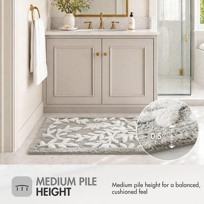 Gray Tufted Cotton Bath Rug 21 x 34 Inch with Leaf Pattern and Non-Slip Backing - Madison Park Serene Collection
