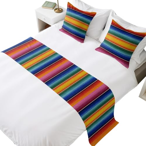Mexican Stripes King Bed Runner & Pillow Cover Set Pink Turquoise Yellow 94x20