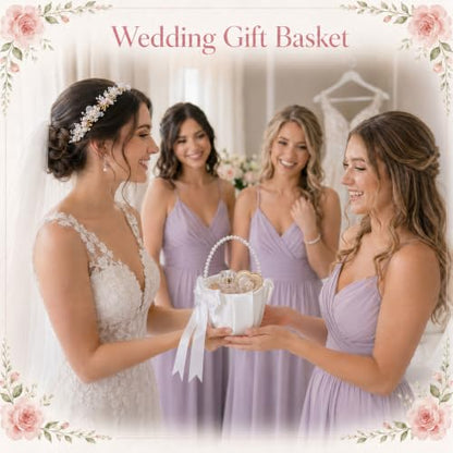 Wedding Flower Girl Basket with Pearl Handle & Headpiece Ivory Set