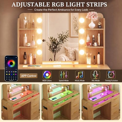 Vanity Desk with Mirror & Lights - 4 Drawers, Glass Top, RGB LEDs, Charging Station (Natural Oak) - 1 Set
