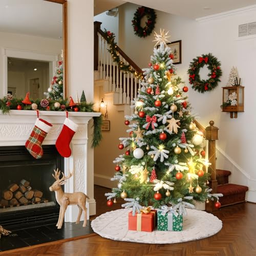 Lanpn Christmas Tree Skirt 71 Inch Faux Fur Xmas Mat with Rhombus Plush for Extra Large Trees Beige 180cm