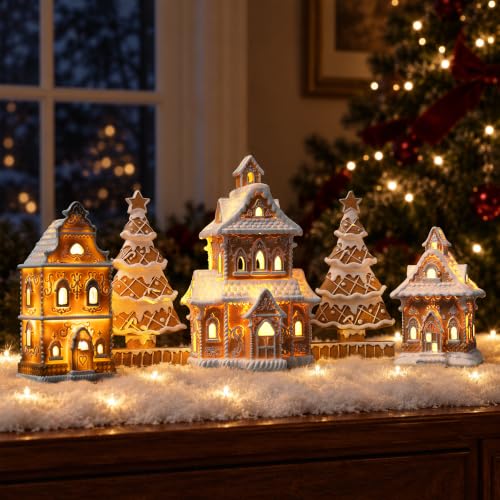 Gingerbread House Christmas Decorations - 5PCS Village Set with Trees - Classic Brown