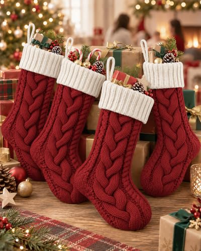 Christmas Stockings 3 Pack 18 Inch Cable Knit Holiday Decor - Red White