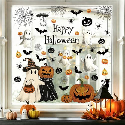 Halloween Window Clings - Classic Ghost & Pumpkin Design, Double-Sided, 45PCS, Removable Decorations for Home & Parties