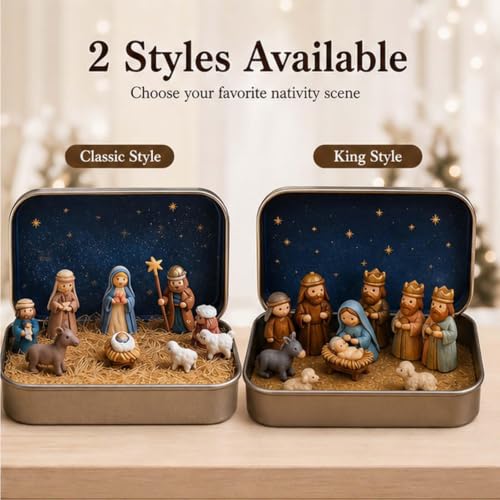 Mini Christmas Nativity Set in Tin Box - Holy Family Figurines, Small Creche, Resin, 2 Pieces