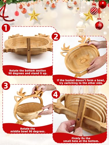 Christmas Elk Wooden Fruit Basket with Handle - Foldable Holiday Decor
