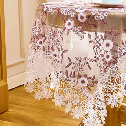 Dark Red Embroidered Floral Lace Tablecloth 33x33 Square with White & Red Variation