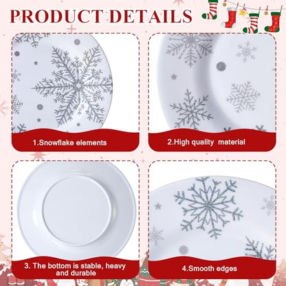 8 Inch Christmas Snowflake Plates Silver White Set of 10 - Winter Holiday Dinnerware