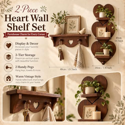 Wooden Heart Wall Shelf Set with Hooks and 3-Tier Display for Bedroom Entryway