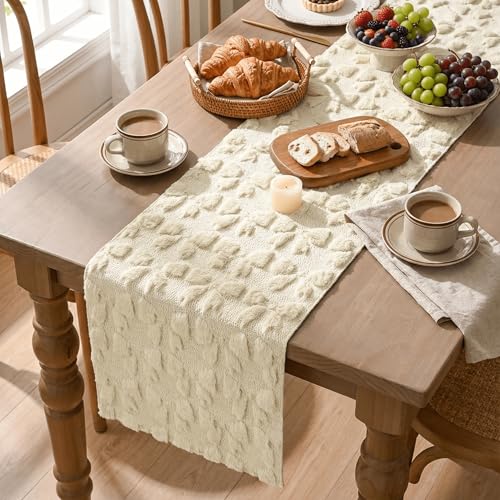 Beige Faux Fur Jacquard Bows Table Runner - 13x120 Inch Valentine Home Decor