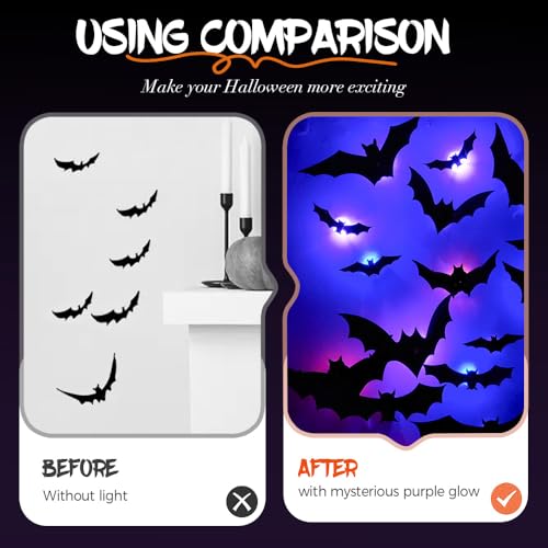 Halloween 3D LED Bat Decorations - 12pcs Glowing Wall Bats for Party & Home Decor