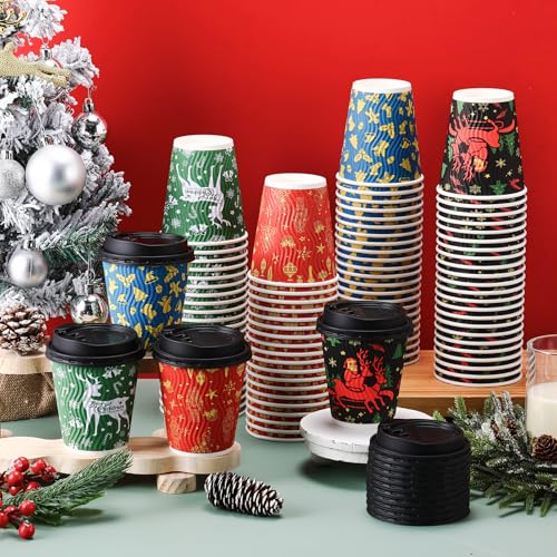 Christmas Coffee Cups with Lids 12 oz Ripple Wall Warm - 100 Pack