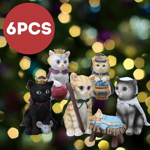 Cat Nativity Set - Festive Kitten Figurines for Christmas Centerpiece, 6 Pieces Up to 3.75 Inches