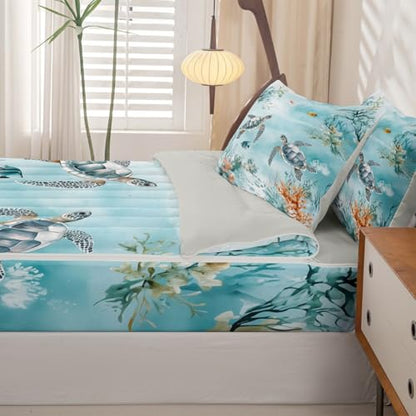 Kids Ocean Beach Zipper Bedding Set Queen Light Blue Grey - Microfiber Comforter & Fitted Sheet