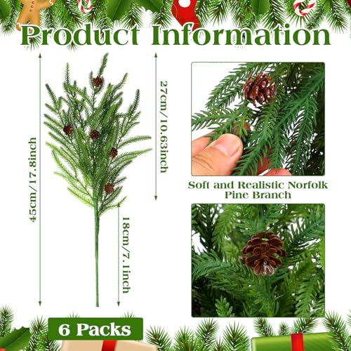 Artificial Norfolk Pine Branches with Pine Cones - 6 Pack, 18 Inches