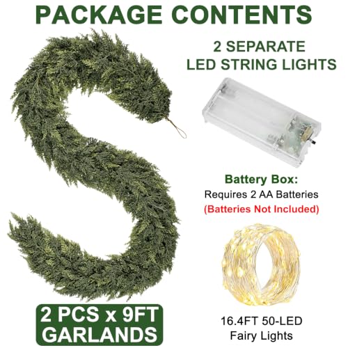 Green Cedar Garland with Lights - 9FT Real Touch Faux Evergreen, 2 Pack