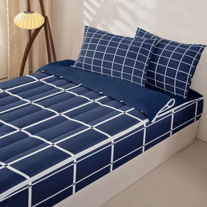 Dark Blue Twin Zipper Bedding Set with Comforter & Fitted Sheet - Geometric Checkered Design
