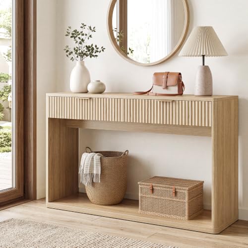 47-Inch Fluted Console Table with 2 Large Drawers for Entryway, Oak Finish