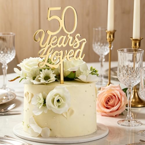 Gold Mirror Acrylic Cake Toppers Set of 5 for 50th Birthday & Anniversary
