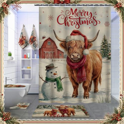 Vesici Waterproof Christmas Shower Curtain Set Highland Cow