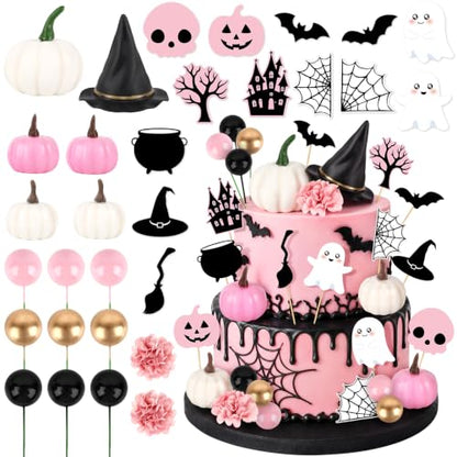 Pink Pumpkin Halloween Cake Topper Set with Hat, Flowers & Bats - 30PCS, Variation: Pumpkin