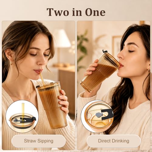 Amber Ribbed Glass Iced Coffee Cup 20oz with Leak-Proof Lid & Straw - Set
