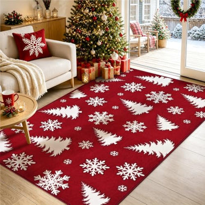 Red Snowflake Christmas Rug 3x5 Washable Non-Slip Holiday Carpet for Bedroom