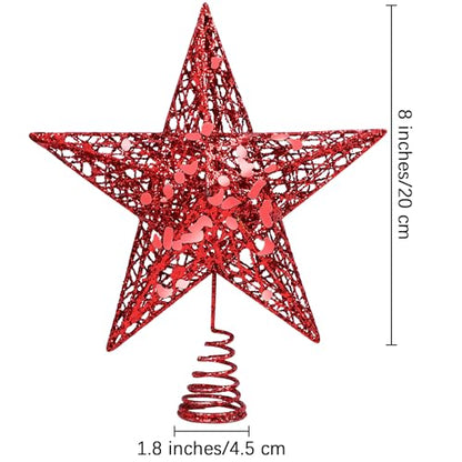 URATOT 8-Inch Red Glitter Christmas Tree Topper Metal Star Treetop Holiday Decoration