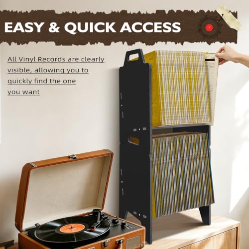 Black Vinyl Record Storage Organizer Rack, 2 Pack Stackable LP Shelf for Albums & More