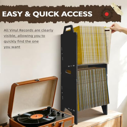 Black Vinyl Record Storage Organizer Rack, 2 Pack Stackable LP Shelf for Albums & More