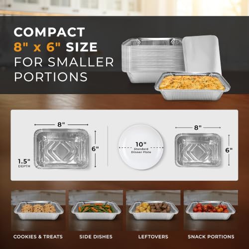 Aluminum Foil Food Containers with Lids 8x6 Inch Pack of 30 - Oven Safe Meal Prep