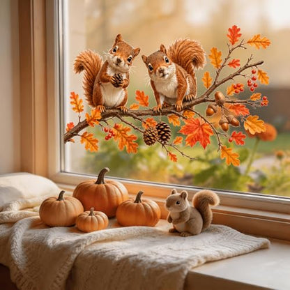 Fall Squirrel Window Clings - Color3 Autumn Maple Leaf & Pinecone Decorations