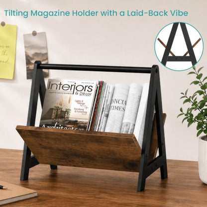 Wood Magazine Holder Floor Rack with Tilted Display and Anti-Slip Base