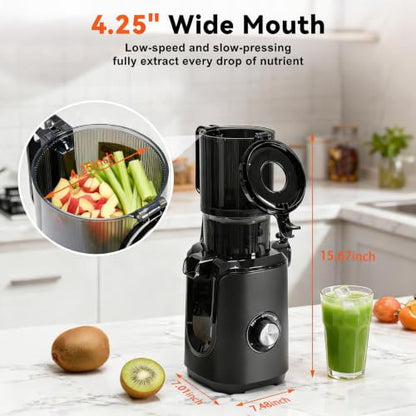 Juicer Machines with 4.25-Inch Feed Chute - Cold Press, Black - NEWBULIG