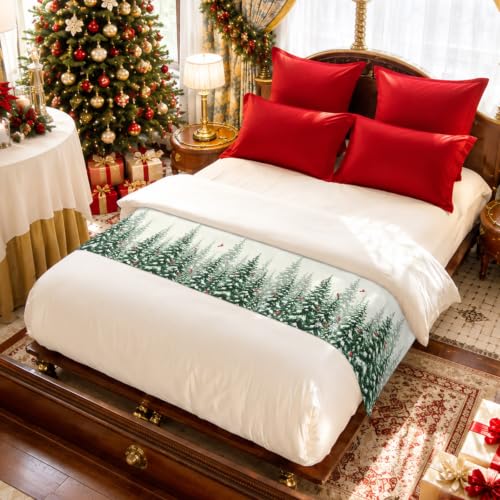 Christmas Tree Bed Runner King Size 94x20 in Green White Red Holiday Decor Bed Scarf
