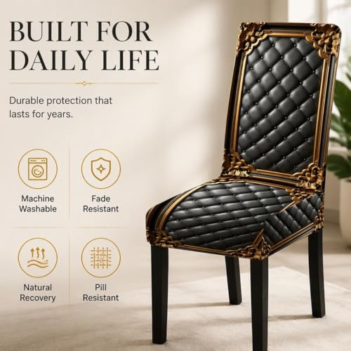 6pcs Washable Baroque Chair Cover for Dining Chairs - Elegant Gold Pattern, Stretch Fit, Waterproof