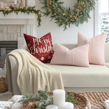 Christmas Pillow Covers 20x20 Set of 2 Red and Cream Striped Linen Decorative Cushion Covers for Couch Bedroom Holiday Decor - Variation of Red / 20" x 20"