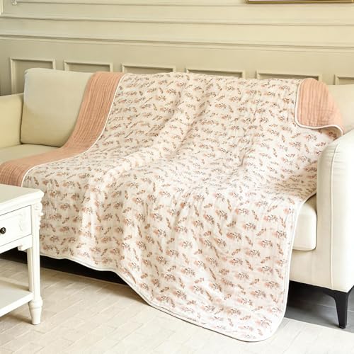 Cotton Muslin Blanket for Adults King 6-Layer Floral Gauze Bed Cover - 90 x 104 inches